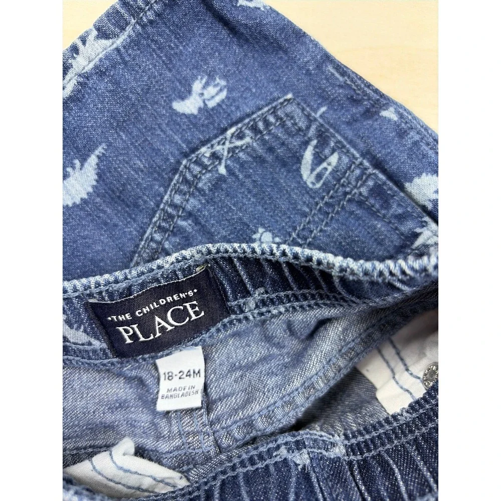 The Childrens Place Boys Blue Dinosaur Print Denim Shorts Elastic Waist 18-24M